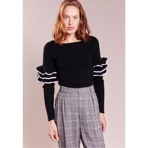 Club Monaco Wool Black Top with White Ruffle Sleeves
